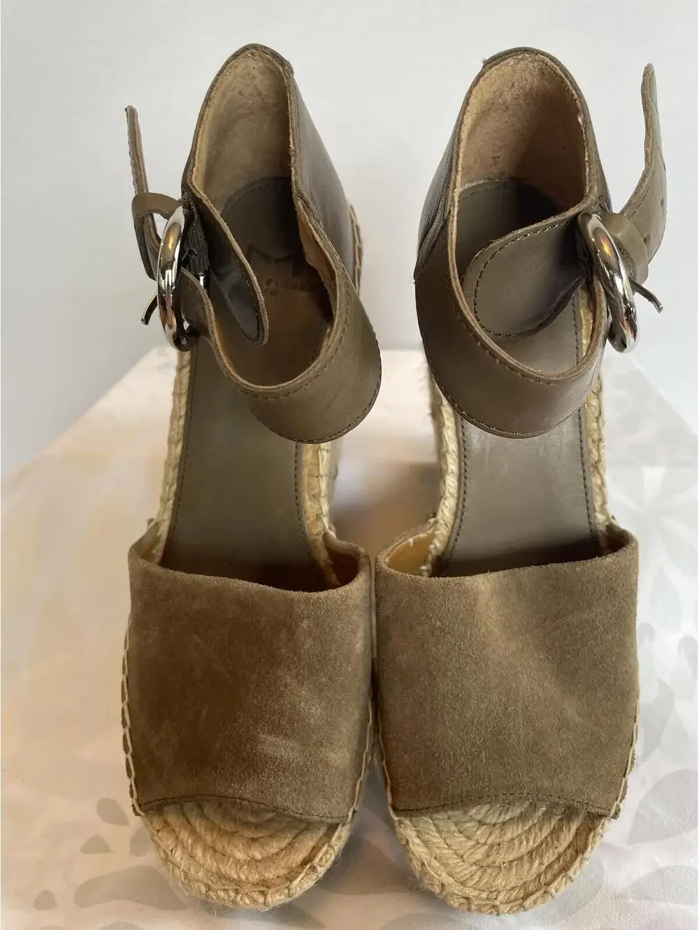 Marc Fisher Mlalida Suede Espadrille Wedge Sandal Olive Green US 6.5 Peep Toe